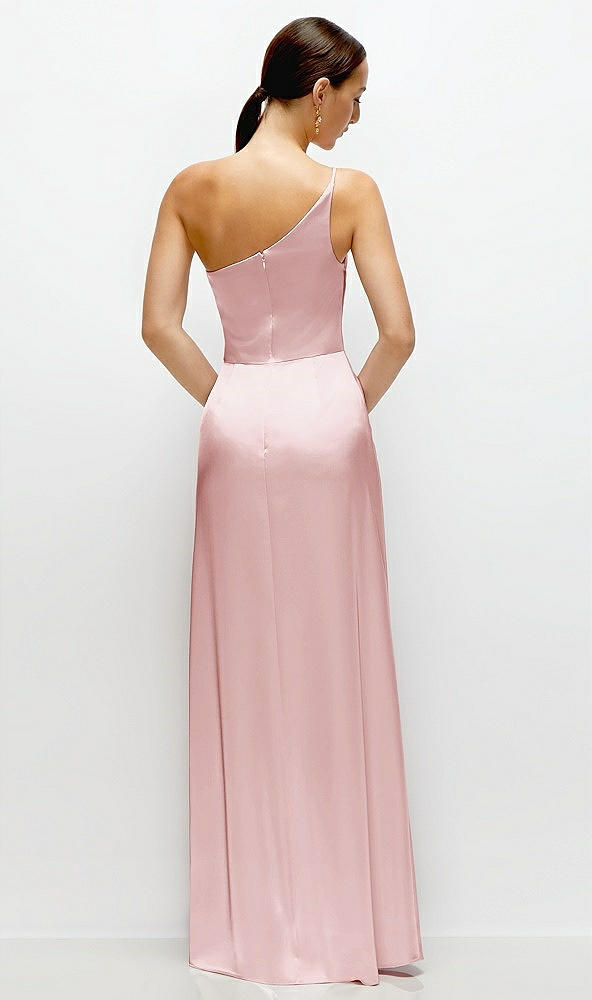 Back View - Ballet Pink Pleated One-Shoulder Satin Maxi Dress with A-Line Skirt