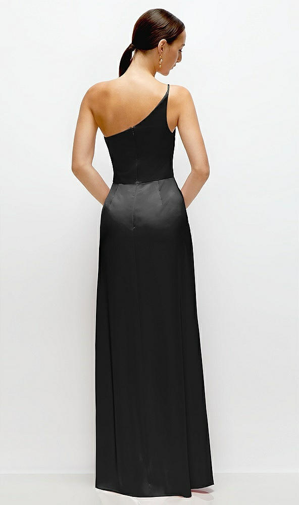 Back View - Black Pleated One-Shoulder Satin Maxi Dress with A-Line Skirt