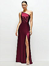 Front View Thumbnail - Cabernet Pleated One-Shoulder Satin Maxi Dress with A-Line Skirt