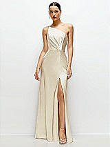 Front View Thumbnail - Champagne Pleated One-Shoulder Satin Maxi Dress with A-Line Skirt