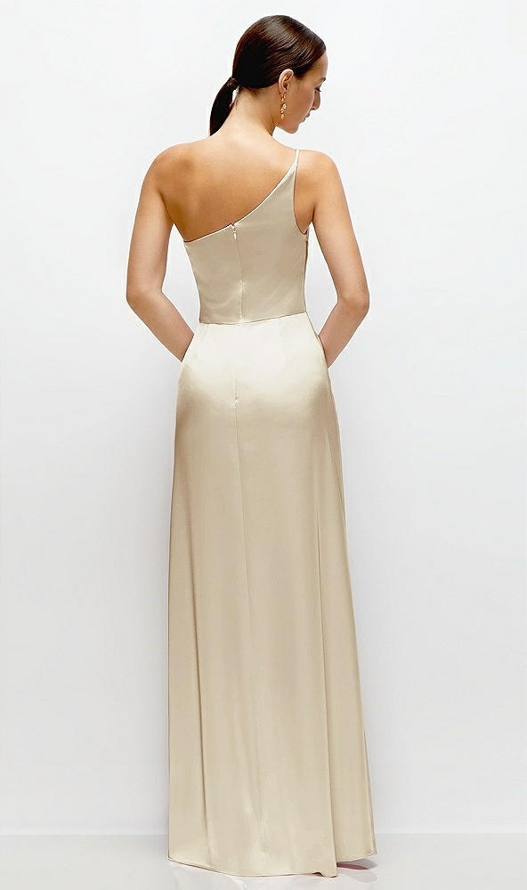 Back View - Champagne Pleated One-Shoulder Satin Maxi Dress with A-Line Skirt