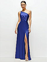 Front View Thumbnail - Cobalt Blue Pleated One-Shoulder Satin Maxi Dress with A-Line Skirt