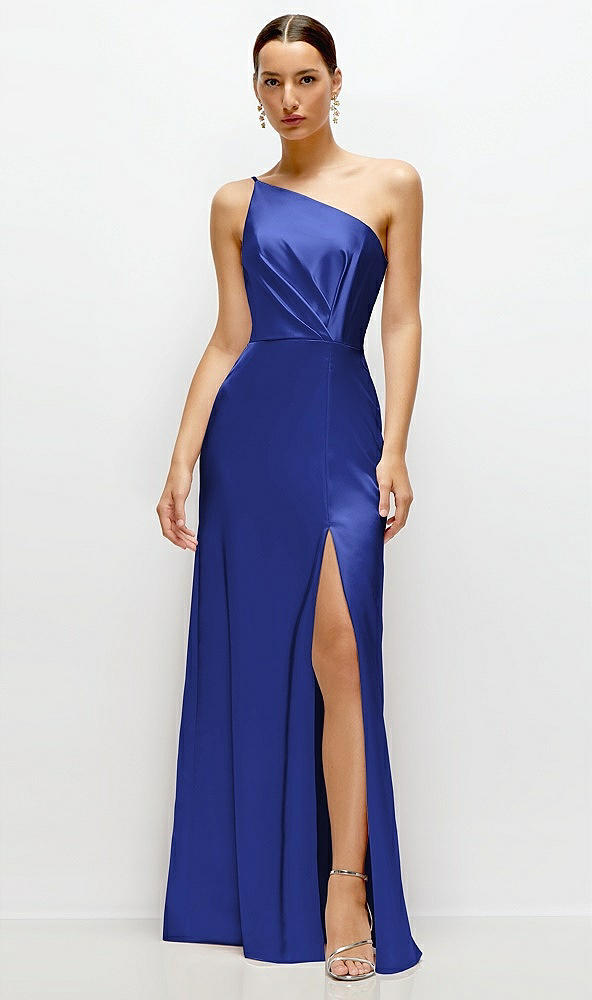 Front View - Cobalt Blue Pleated One-Shoulder Satin Maxi Dress with A-Line Skirt