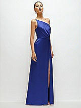 Side View Thumbnail - Cobalt Blue Pleated One-Shoulder Satin Maxi Dress with A-Line Skirt