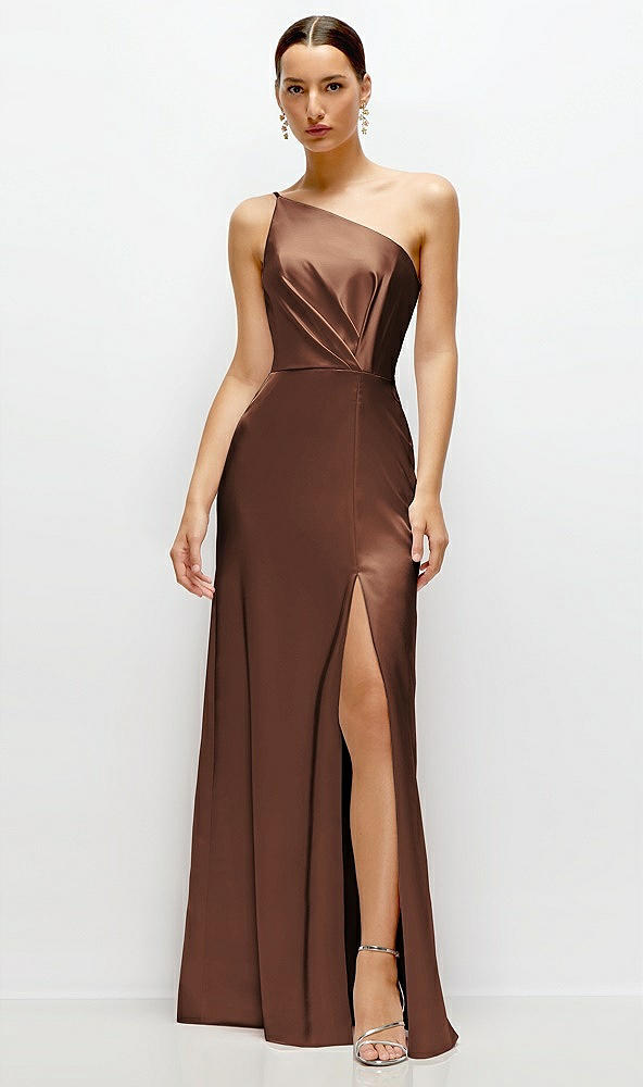 Front View - Cognac Pleated One-Shoulder Satin Maxi Dress with A-Line Skirt