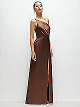 Side View Thumbnail - Cognac Pleated One-Shoulder Satin Maxi Dress with A-Line Skirt