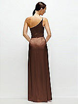 Rear View Thumbnail - Cognac Pleated One-Shoulder Satin Maxi Dress with A-Line Skirt