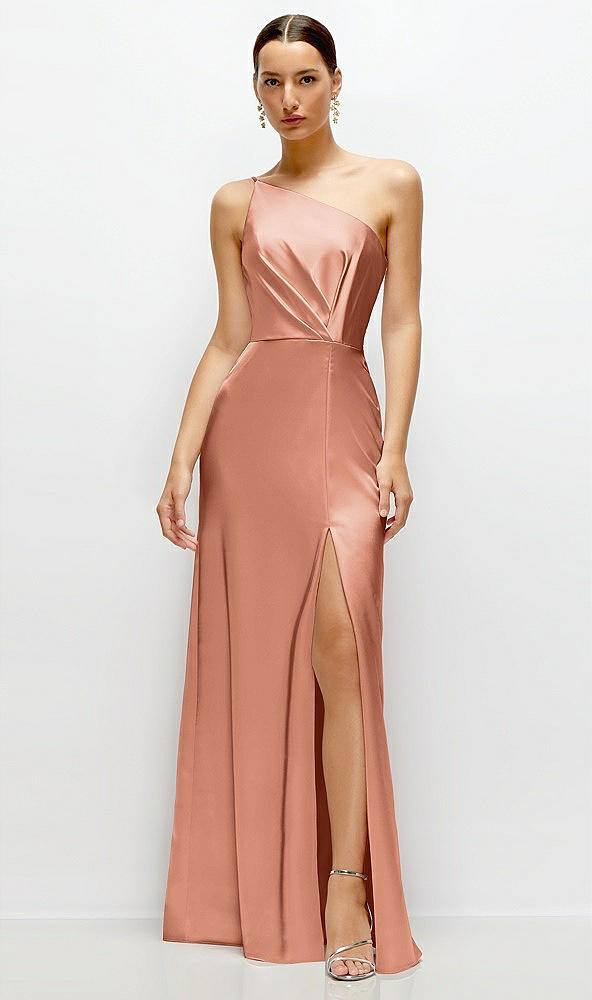 Front View - Copper Penny Pleated One-Shoulder Satin Maxi Dress with A-Line Skirt