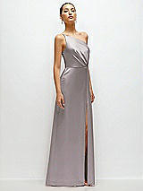 Side View Thumbnail - Cashmere Gray Pleated One-Shoulder Satin Maxi Dress with A-Line Skirt