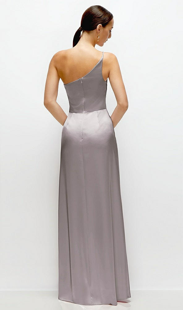 Back View - Cashmere Gray Pleated One-Shoulder Satin Maxi Dress with A-Line Skirt