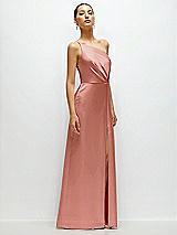 Side View Thumbnail - Desert Rose Pleated One-Shoulder Satin Maxi Dress with A-Line Skirt