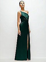 Side View Thumbnail - Evergreen Pleated One-Shoulder Satin Maxi Dress with A-Line Skirt