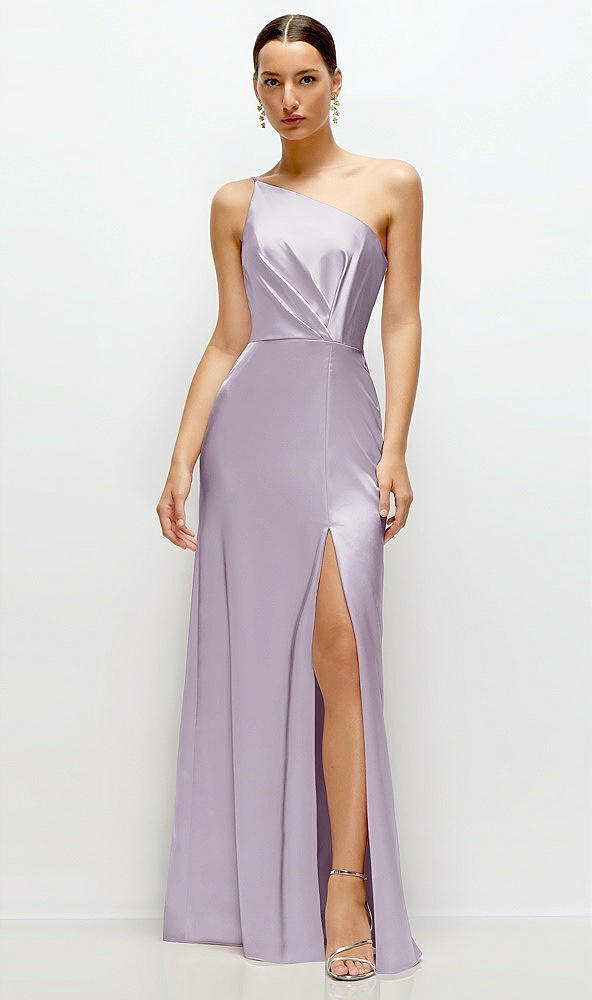 Front View - Lilac Haze Pleated One-Shoulder Satin Maxi Dress with A-Line Skirt