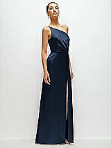 Side View Thumbnail - Midnight Navy Pleated One-Shoulder Satin Maxi Dress with A-Line Skirt