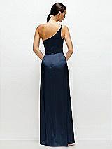 Rear View Thumbnail - Midnight Navy Pleated One-Shoulder Satin Maxi Dress with A-Line Skirt