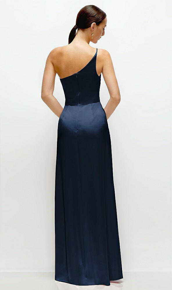 Back View - Midnight Navy Pleated One-Shoulder Satin Maxi Dress with A-Line Skirt