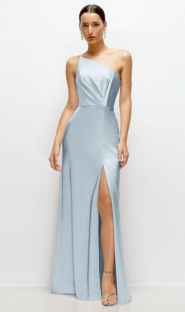 Front View - Mist Pleated One-Shoulder Satin Maxi Dress with A-Line Skirt