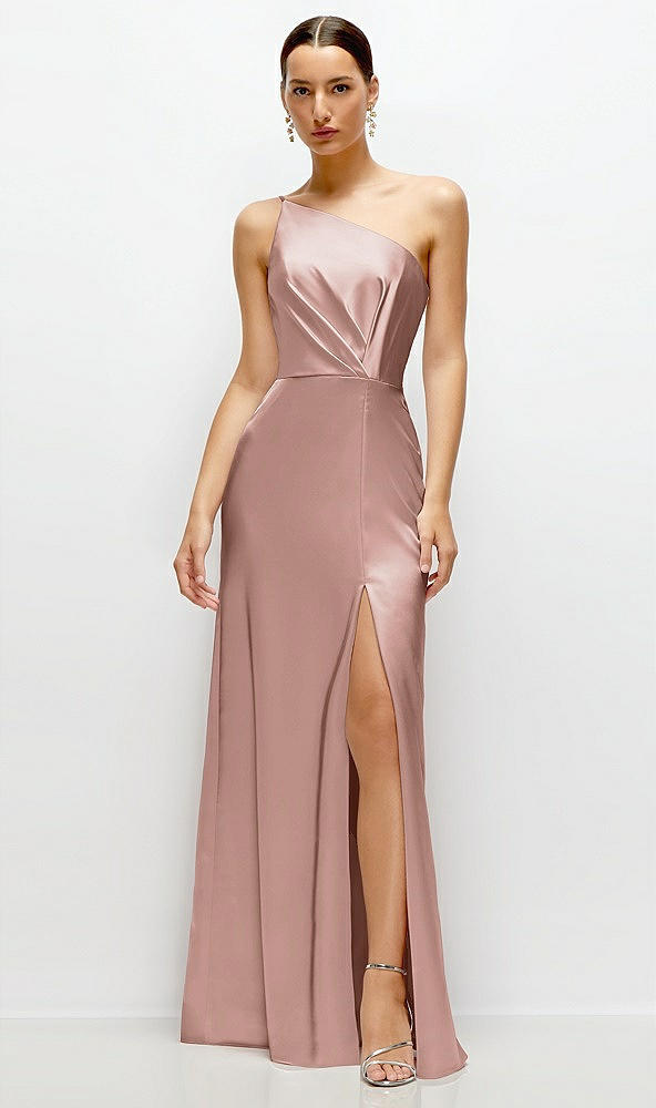 Front View - Neu Nude Pleated One-Shoulder Satin Maxi Dress with A-Line Skirt