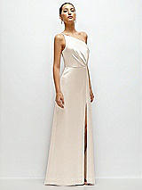 Side View Thumbnail - Oat Pleated One-Shoulder Satin Maxi Dress with A-Line Skirt