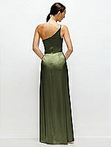 Rear View Thumbnail - Olive Green Pleated One-Shoulder Satin Maxi Dress with A-Line Skirt