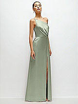 Side View Thumbnail - Sage Pleated One-Shoulder Satin Maxi Dress with A-Line Skirt