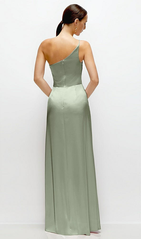 Back View - Sage Pleated One-Shoulder Satin Maxi Dress with A-Line Skirt