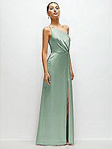 Side View Thumbnail - Seagrass Pleated One-Shoulder Satin Maxi Dress with A-Line Skirt