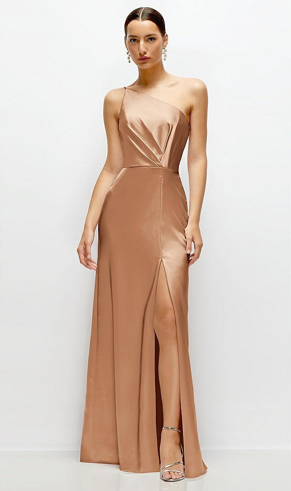 Front View - Toffee Pleated One-Shoulder Satin Maxi Dress with A-Line Skirt