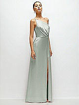 Side View Thumbnail - Willow Green Pleated One-Shoulder Satin Maxi Dress with A-Line Skirt