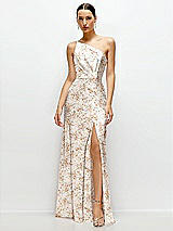 Front View Thumbnail - Golden Hour Floral Pleated One-Shoulder Satin Maxi Dress with A-Line Skirt