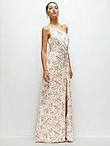 Side View Thumbnail - Golden Hour Floral Pleated One-Shoulder Satin Maxi Dress with A-Line Skirt