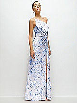 Side View Thumbnail - Magnolia Sky Floral Pleated One-Shoulder Satin Maxi Dress with A-Line Skirt