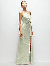 Side View Thumbnail - Vintage Primrose Celadon Floral Pleated One-Shoulder Satin Maxi Dress with A-Line Skirt