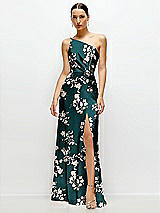 Front View Thumbnail - Vintage Primrose Evergreen Floral Pleated One-Shoulder Satin Maxi Dress with A-Line Skirt