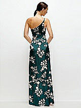 Rear View Thumbnail - Vintage Primrose Evergreen Floral Pleated One-Shoulder Satin Maxi Dress with A-Line Skirt