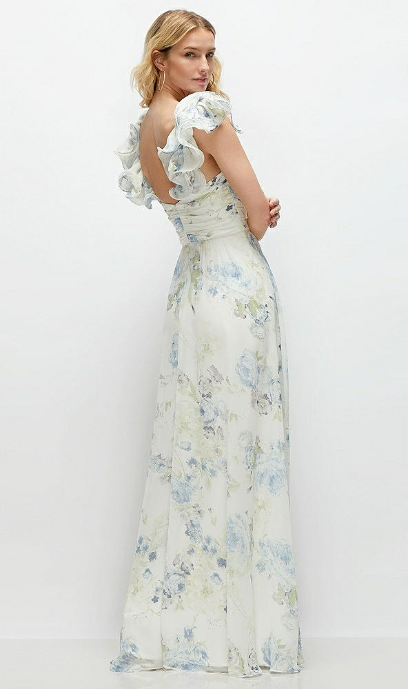 Back View - Bleu Garden Dramatic Ruffle Edge Strap Chiffon Maxi Dress