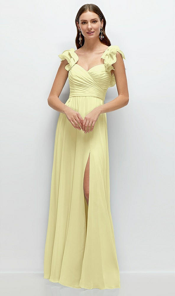 Front View - Butter Yellow Dramatic Ruffle Edge Strap Chiffon Maxi Dress