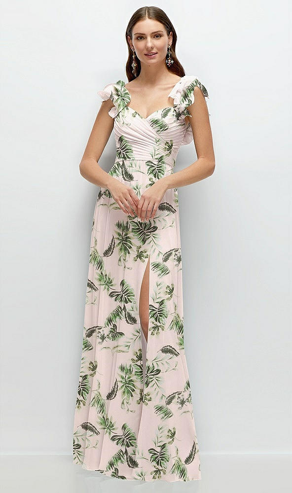 Front View - Palm Beach Print Dramatic Ruffle Edge Strap Chiffon Maxi Dress