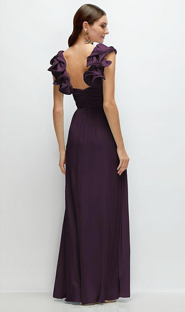 Back View - Aubergine Dramatic Ruffle Edge Strap Chiffon Maxi Dress