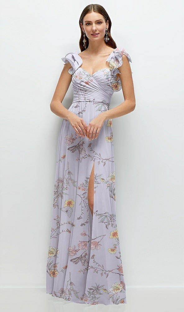 Front View - Butterfly Botanica Silver Dove Dramatic Ruffle Edge Strap Chiffon Maxi Dress