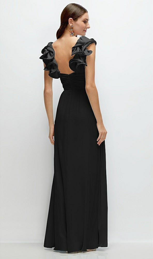 Back View - Black Dramatic Ruffle Edge Strap Chiffon Maxi Dress