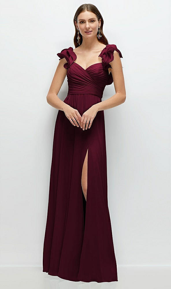 Front View - Cabernet Dramatic Ruffle Edge Strap Chiffon Maxi Dress