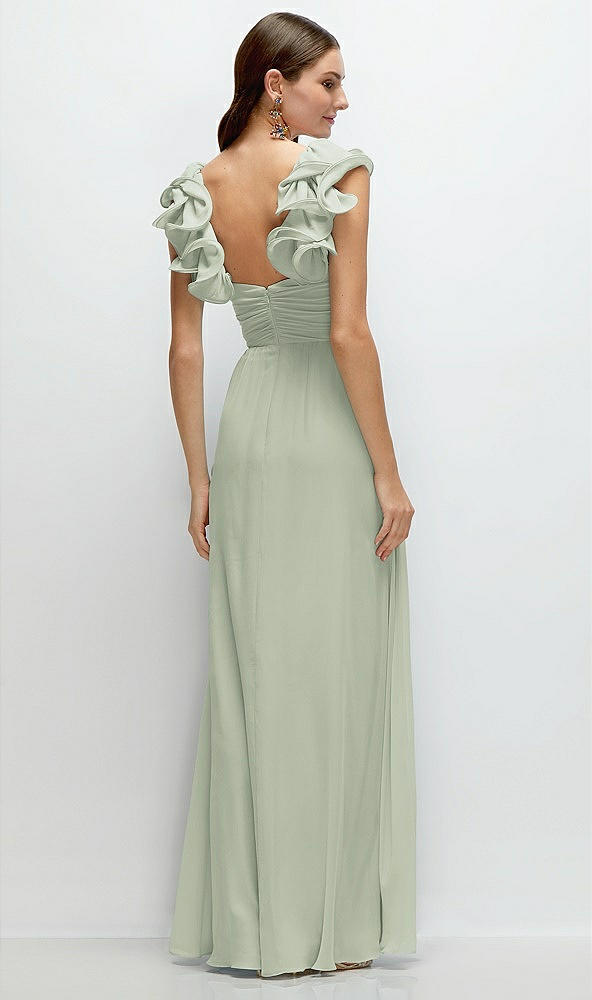 Back View - Celadon Dramatic Ruffle Edge Strap Chiffon Maxi Dress