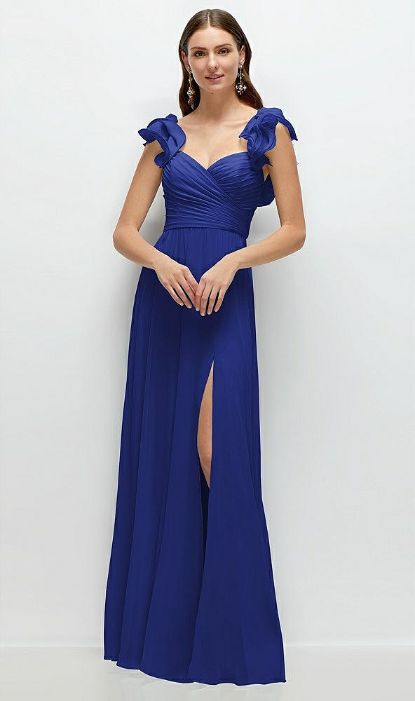 Front View - Cobalt Blue Dramatic Ruffle Edge Strap Chiffon Maxi Dress