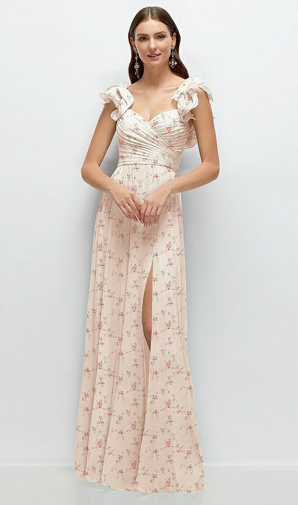 Front View - Coquette Floral Print Dramatic Ruffle Edge Strap Chiffon Maxi Dress