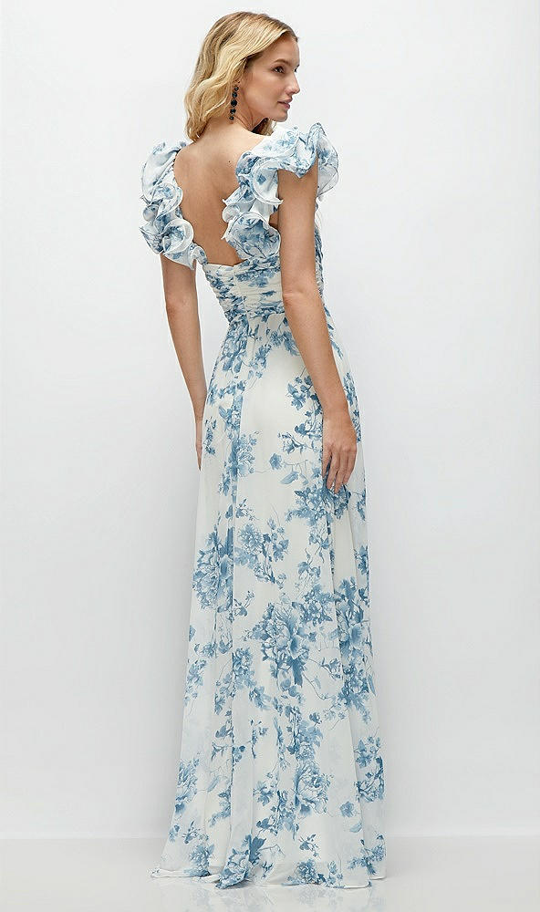 Back View - Cottage Rose Dusk Blue Dramatic Ruffle Edge Strap Chiffon Maxi Dress