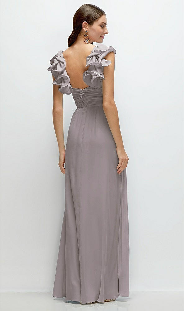 Back View - Cashmere Gray Dramatic Ruffle Edge Strap Chiffon Maxi Dress