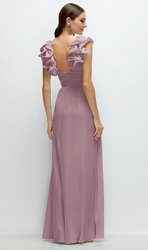 Back View - Dusty Rose Dramatic Ruffle Edge Strap Chiffon Maxi Dress