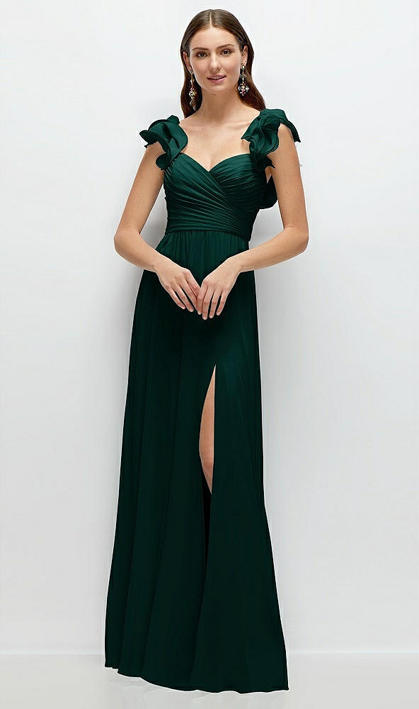 Front View - Evergreen Dramatic Ruffle Edge Strap Chiffon Maxi Dress