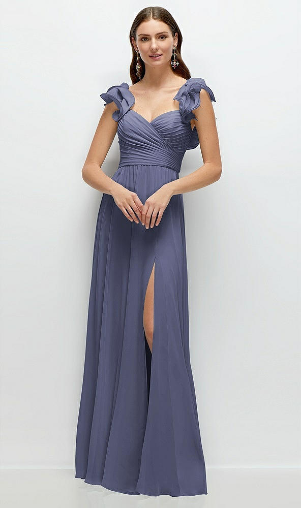 Front View - French Blue Dramatic Ruffle Edge Strap Chiffon Maxi Dress